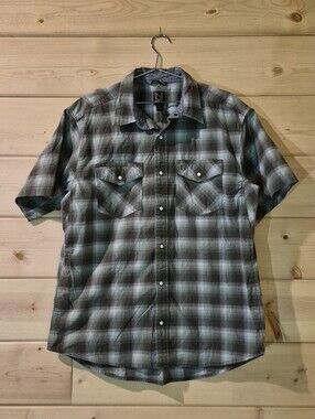 Casual Short-Sleeve Plaid Button-Down Shirt in Green And Gray Size XL 24x30